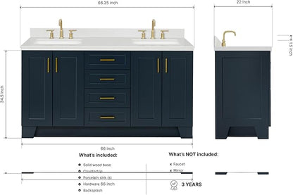 ARIEL Taylor 66-inch Bathroom Vanity with Sink,Solid Wood, 1.5-inch Carrara White Quartz Countertop, Double Rectangular Porcelain Sink, 4 Soft Closing Doors, 5 Dovetail Drawers, Midnight Blue