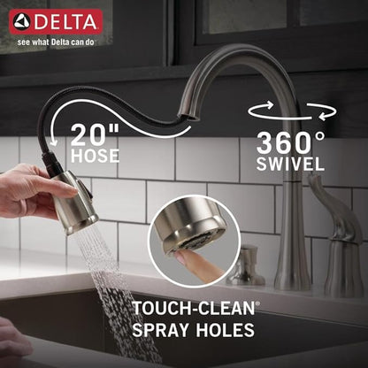 Delta Kate Brushed Nickel Kitchen Faucet with Pull Down Sprayer and Soap Disperser, Modern Two Hole Kitchen Sink Faucet, Single Handle, Stainless 16970-SSSD-DST
