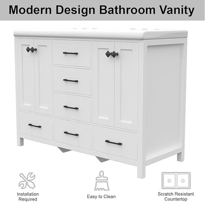 46.7 inch Bathroom Sink Vanity Combo, Large Freestanding Double Bath Vanity Sink Set with 2 Cabinets & 5 Drawers, Dual Basin Modern Bathroom Storage Cabinet, Modern White