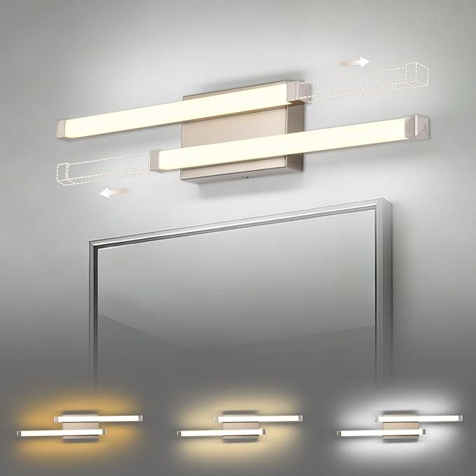 Bathroom Vanity Light Bar, 24 Inch 18W 3CCT Dimmable Modern LED Vanity Wall Light, Brushed Nickel Acrylic Hardwired Bathroom Light Fixtures over Mirror, Powder Room, Hallway, Washroom, Bath Entryway