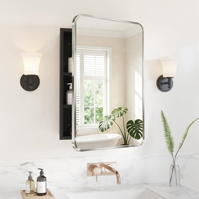 Medicine Cabinet Mirror 16x24 Inch, Brushed Nickel Bathroom Mirror Cabinet with Stepless Adjustable Shelves, Stainless Steel Frame, Bathroom Mirror with Storage Recessed or Wall Mount