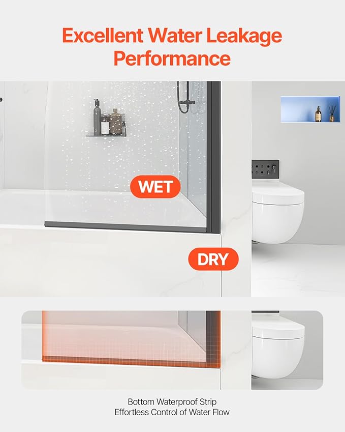 VEVOR Frameless Bathtub Shower Door, 34" W x 55" H, Half Shower Door for Bathtub, Tempered Glass, with 1/4 in Tempered Glass Bathroom Shower Screen, Black