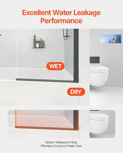 VEVOR Frameless Bathtub Shower Door, 34" W x 55" H, Half Shower Door for Bathtub, Tempered Glass, with 1/4 in Tempered Glass Bathroom Shower Screen, Black