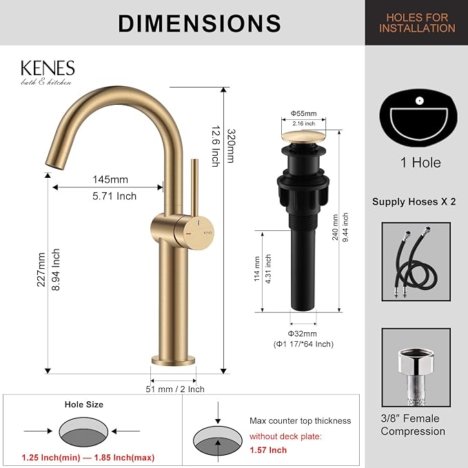 Champagne Bronze Vessel Sink Faucet, 1 Handle Tall Bathroom Faucet | Vessel Bowl Faucet with Pop Up Drain & Supply Lines, Lead-Free cUPC & NSF Certified, 1 Hole Faucet for Vanity RV Restroom