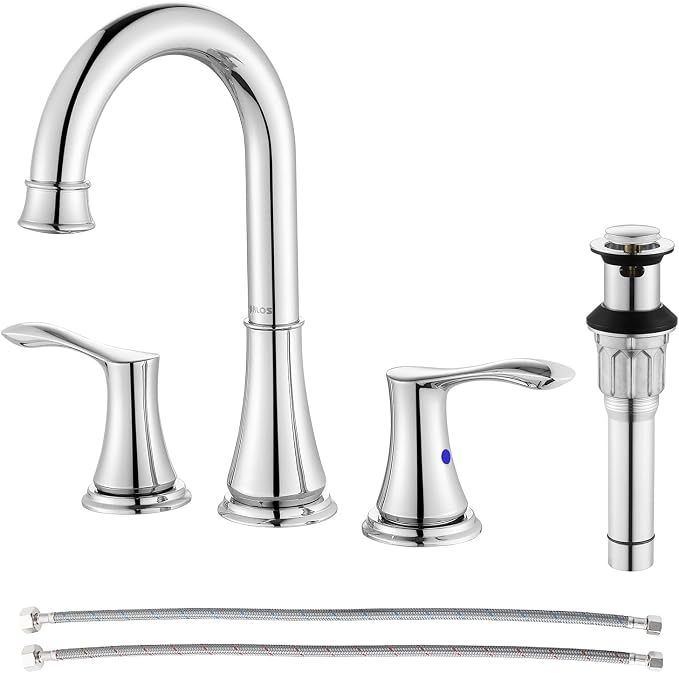 Chrome Widespread Bathroom Sink Faucet 8 Inch for Vanity | with All Metal Pop Up Drain, High Arc 2 Handle Lead-Free Deck Mount Bathroom Faucet for 3 Hole Lavatory Utility Sink