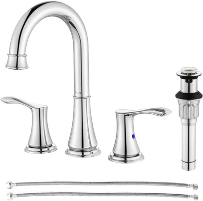 Chrome Widespread Bathroom Sink Faucet 8 Inch for Vanity | with All Metal Pop Up Drain, High Arc 2 Handle Lead-Free Deck Mount Bathroom Faucet for 3 Hole Lavatory Utility Sink