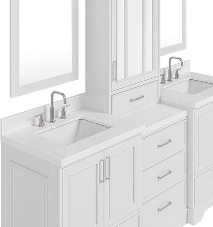 ARIEL Stafford 84-inch Bathroom Vanity with Sink,Solid Wood, 1.5-inch Carrara White Quartz Countertop & Backsplash, Double Rectangular Porcelain Sink, 5 Soft Closing Doors, 6 Dovetail Drawers, Grey