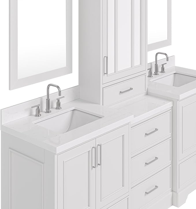 ARIEL Stafford 84-inch Bathroom Vanity with Sink,Solid Wood, 1.5-inch Carrara White Quartz Countertop, Double Rectangular Porcelain Sink, 5 Soft Closing Doors, 6 Dovetail Drawers, Espresso