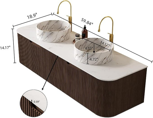 Yayzy 60" Floating Bathroom Vanity with Sink, Solid Wood Fluted Cabinet, White Marble-Patterned Ceramic Basin & Faux Marble Top, Soft-Close Drawer, Pre-Assembled, Walnut Woodgrain
