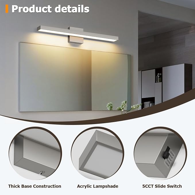 Brushed Nickel Bathroom Vanity Light 5CCT Dimmable Bathroom Light Bar | Modern Vanity Lights Fixtures Over Mirror 24.4 Inch 24W Wall Light