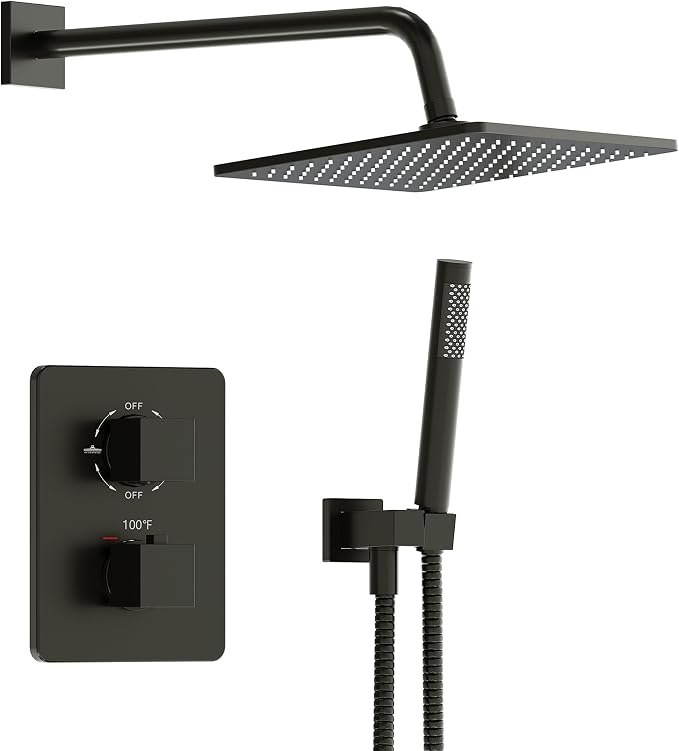 Esnbia Thermostatic Black Shower System, All Metal Shower Faucet Set with 10 Inches Rain Shower Head, Rainfall Shower Heads with Handheld Spray Combo，Anti-Scald Shower Combo Set, Matte Black