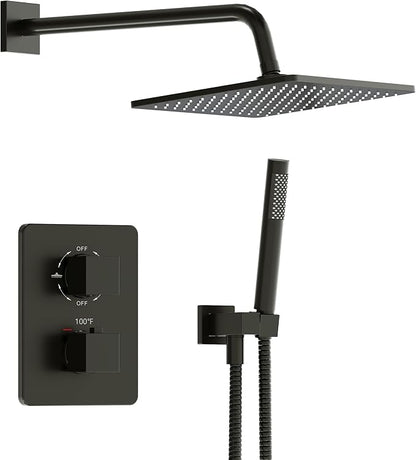 Esnbia Thermostatic Black Shower System, All Metal Shower Faucet Set with 10 Inches Rain Shower Head, Rainfall Shower Heads with Handheld Spray Combo，Anti-Scald Shower Combo Set, Matte Black