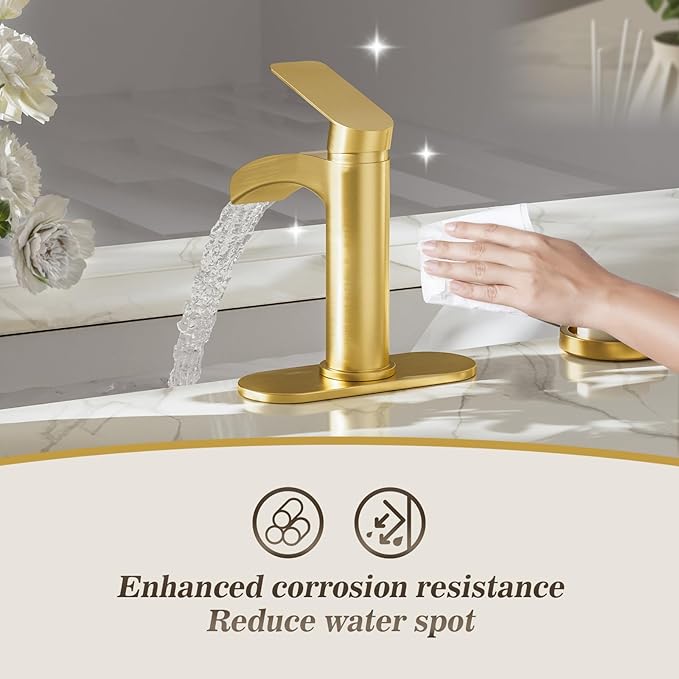 Phiestina Single Handle Waterfall Faucet for Bathroom Sink in Brushed Gold Finish, with 6-Inch Deck Plate,Metal Pop Up Drain Assembly & CUPC Water Supply Lines,NS-SF01-BG