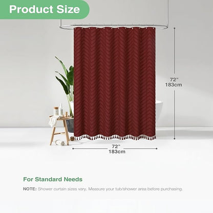 Dynamene Boho Farmhouse Shower Curtain, Burgundy Fabric Tufted Chevron Striped Textured Tassel Shower Curtains for Bathroom, Shabby Chic Waterproof Cloth Shower Curtain Set with Hooks, 72x72
