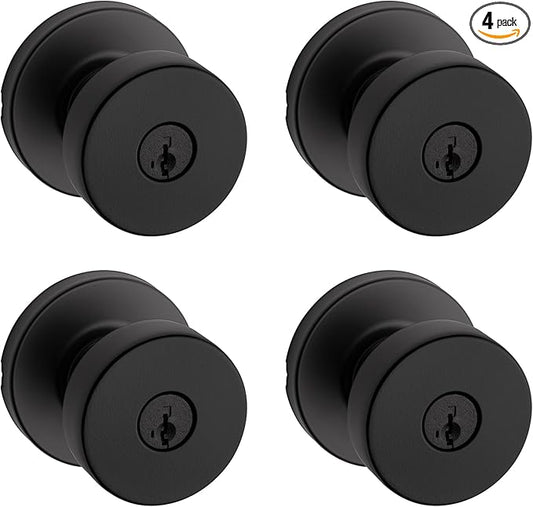 Kwikset Pismo Entry Door Knob with Lock and Key, Secure Keyed Handle Exterior, Front Entrance and Bedroom, Matte Black, 4 Pack, Pick Resistant SmartKey Rekey Security and Microban