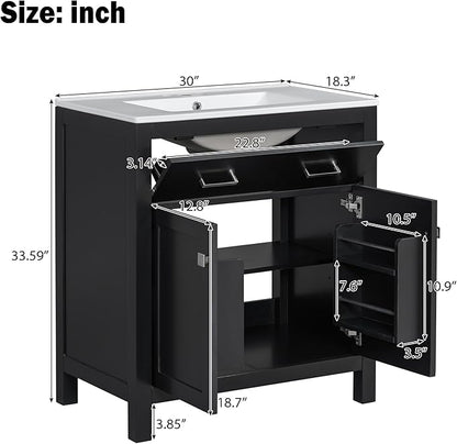 Favfurish 60" Double Bathroom Vanity,Free Standing Double Basin Vanity Set w/ 2 Ceramic Sinks,Adjustable Shelf & Soft Close Doors,Solid Wood Frame Storage Cabinet w/Flip Drawer,for Bathroom,Black