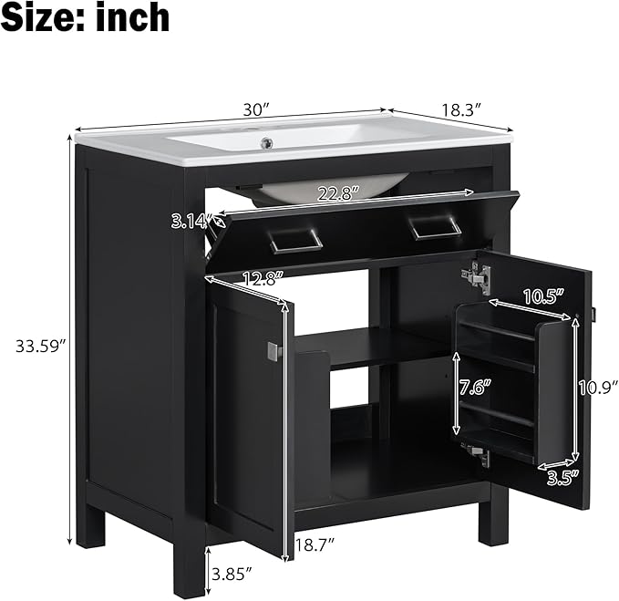 Favfurish 30" Bathroom Vanity with Ceramic Sink,Undermount Single Basin Vanity Set w/1 Flip-Out Drawer and 2 Soft-Close Doors & Adjustable Shelf,Freestanding Storage Cabinet,Solid Wood Frame,Black