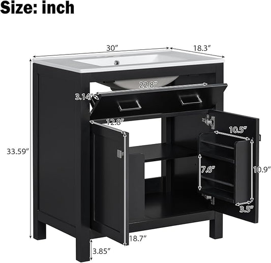 Favfurish 30" Bathroom Vanity with Ceramic Sink,Undermount Single Basin Vanity Set w/1 Flip-Out Drawer and 2 Soft-Close Doors & Adjustable Shelf,Freestanding Storage Cabinet,Solid Wood Frame,Black