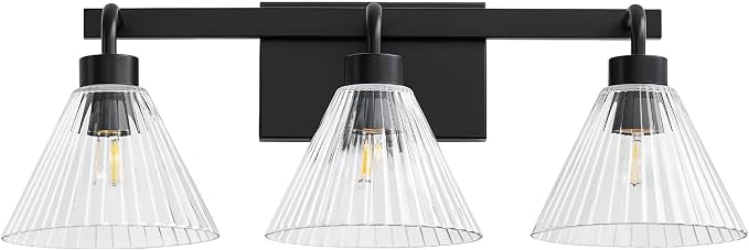 AIJIASI Modern Bathroom Light Fixtures Over Mirror 3-Light Black Vanity Lights for Bathroom with Ribbed Glass Shade 24 Inch Up/Down Mount Vanity Lighting Fixtures for Bath Bedroom Makeup