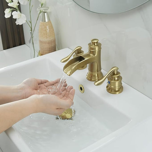 BWE Widespread Bathroom Faucet 3 Hole Brushed Gold Bathroom Sink Faucet 8 Inch Two Handles Vanity Faucet with Pop Up Drain Assembly and Supply Hose