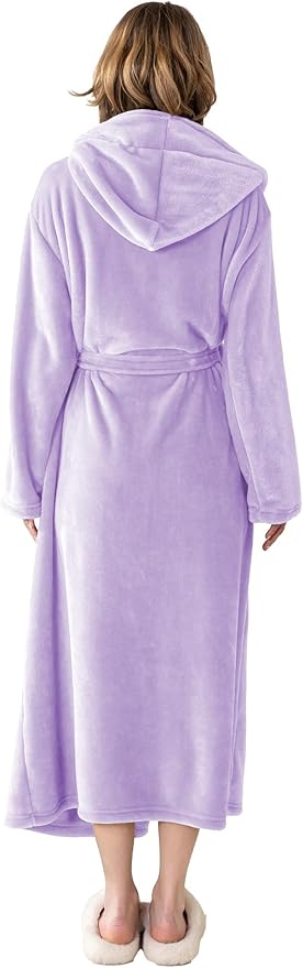 Robes for Women - Hooded Plush Fleece Bathrobe with Sash & Pockets, Full-Length Lightweight Spa Robe
