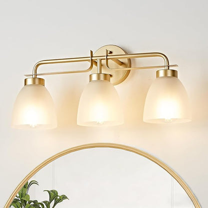 21 Inch Mid-Century Modern Vanity Lights, 3-Light Golden Bathroom Light Fixture with Frosted White Bell Shades, Industrial Wall Sconce for Mirror Over Vanity, Bedroom, Hallway