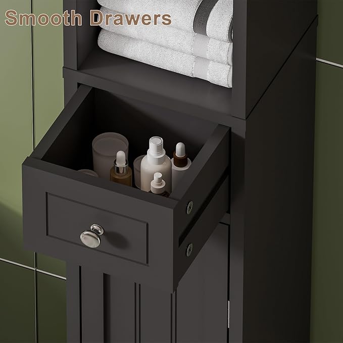 ChooChoo Narrow Bathroom Storage Cabinet with Adjustable Shelves, Tall Storage Cabinet with 2 Doors and 1 Drawer, Freestanding Cupboard for Small Spaces, Black