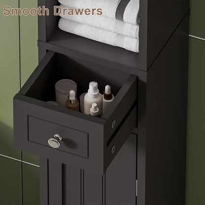 ChooChoo Narrow Bathroom Storage Cabinet with Adjustable Shelves, Tall Storage Cabinet with 2 Doors and 1 Drawer, Freestanding Cupboard for Small Spaces, Black