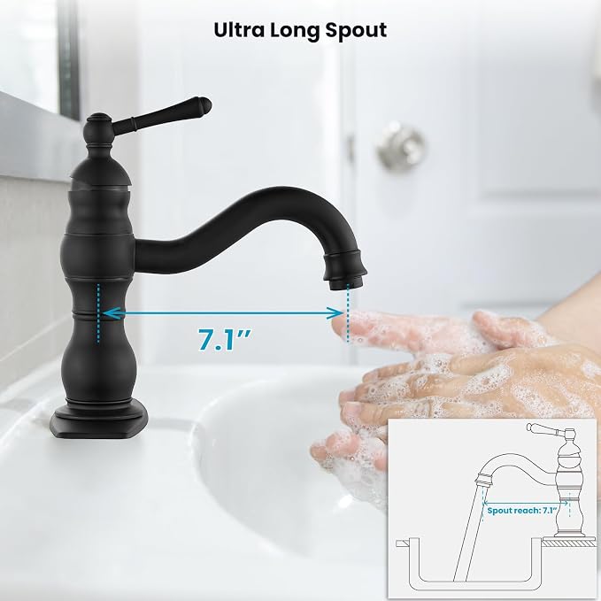 gotonovo Bathroom Faucet 1 Hole Vintage,Matte Black,7.1” Spout Reach | Bathroom Sink Faucet for 1 or 3 Hole Single Handle,Deck Plate,360° Swivel Spout,Pop Up Drain,cUPC Supply Hoses,for Vanity RV