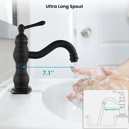 gotonovo Bathroom Faucet 1 Hole Vintage,Matte Black,7.1” Spout Reach | Bathroom Sink Faucet for 1 or 3 Hole Single Handle,Deck Plate,360° Swivel Spout,Pop Up Drain,cUPC Supply Hoses,for Vanity RV