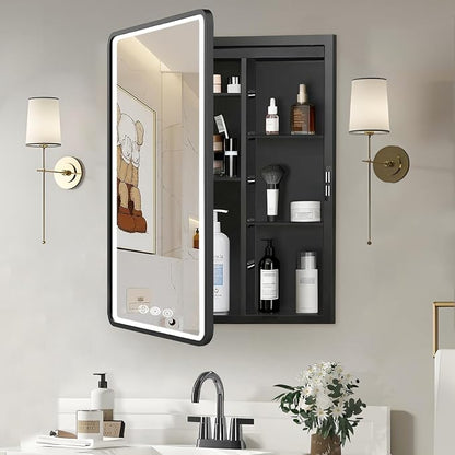 LED Medicine Cabinet with Mirror 22x30 inch, Lighted Cabinet Mirror for Bathroom Storage, Anti-Fog, 3 Colors Dimmable, Black Metal Frame with Adjustable Shelves, Wall Mount or Recessed