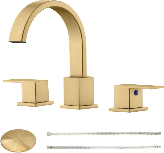 Widespread Brushed Gold Bathroom Faucets, Waterfall Golden Stainless Steel Bathroom Faucet for Sink 3 Hole, Vanity Lavatory Faucets with Drain & Water Hoses, 8 Inch, Lead-Free, 360° Swivel