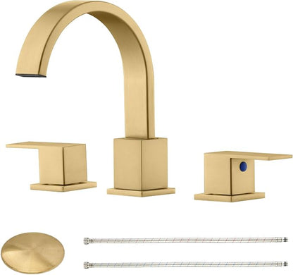 Widespread Brushed Gold Bathroom Faucets, Waterfall Golden Stainless Steel Bathroom Faucet for Sink 3 Hole, Vanity Lavatory Faucets with Drain & Water Hoses, 8 Inch, Lead-Free, 360° Swivel