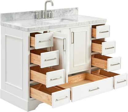 Langford 48-inch White Bathroom Vanity with Center Rectangle Single Sink, Italian Carrara Marble Countertop & Backsplash, Solid Wood Frame, Soft-Closing & Dovetail Drawers