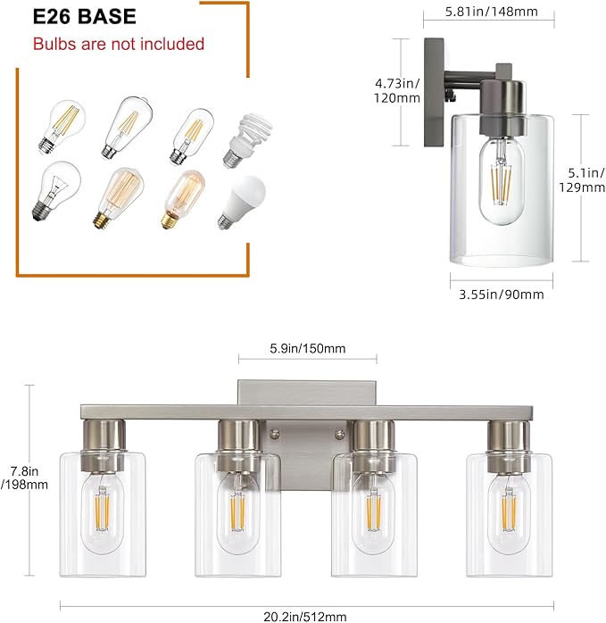4 Light Bathroom Vanity Light Brushed Nickel Vanity Lights for Bathroom Modern 4-Lights Wall Sconce with Clear Glass Shade for Bedroom Living Room