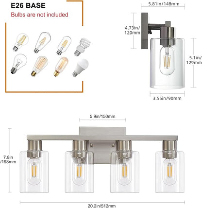 4 Light Bathroom Vanity Light Brushed Nickel Vanity Lights for Bathroom Modern 4-Lights Wall Sconce with Clear Glass Shade for Bedroom Living Room