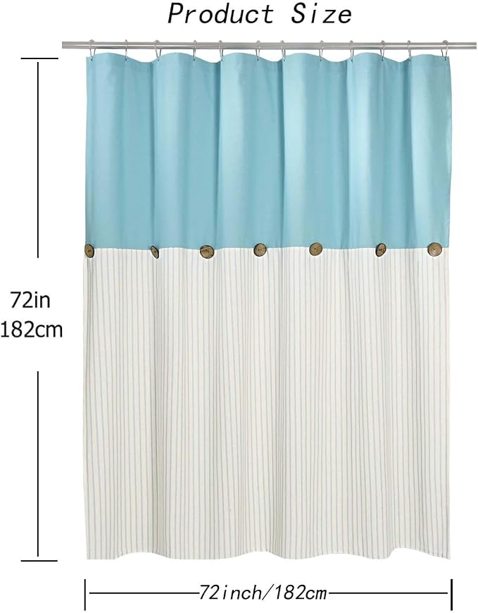 DOSLY Ides Farmhouse Teal Shower Curtain for Bathroom, Beige and Teal Stripe, Button Curtain, Cotton Blend Woven Fabric, Rustic Charm Country Chic Style, 72x72 in