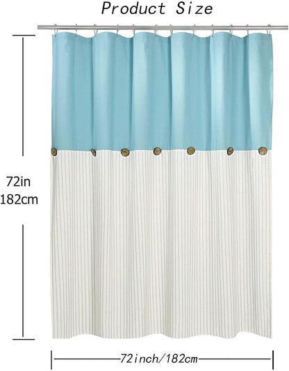 DOSLY Ides Farmhouse Teal Shower Curtain for Bathroom, Beige and Teal Stripe, Button Curtain, Cotton Blend Woven Fabric, Rustic Charm Country Chic Style, 72x72 in