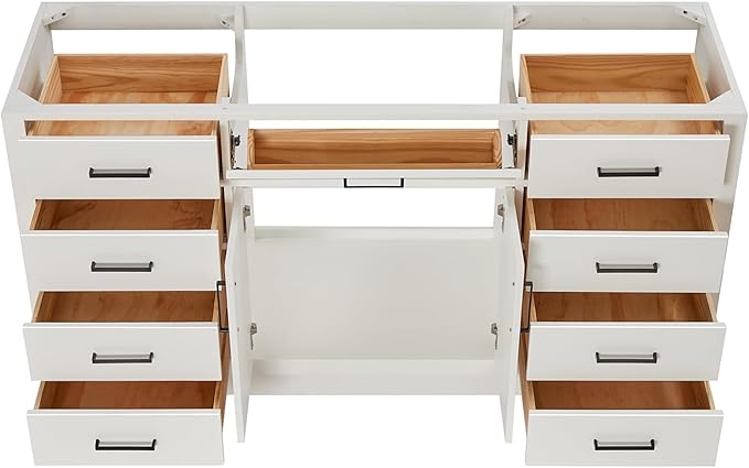 ARIEL Hepburn 66-inch Bathroom Vanity Base Cabinet,Solid Wood, 2 Soft Closing Doors, 9 Dovetail Drawers, White