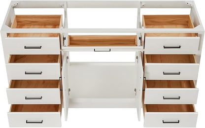 ARIEL Hepburn 66-inch Bathroom Vanity Base Cabinet,Solid Wood, 2 Soft Closing Doors, 9 Dovetail Drawers, White