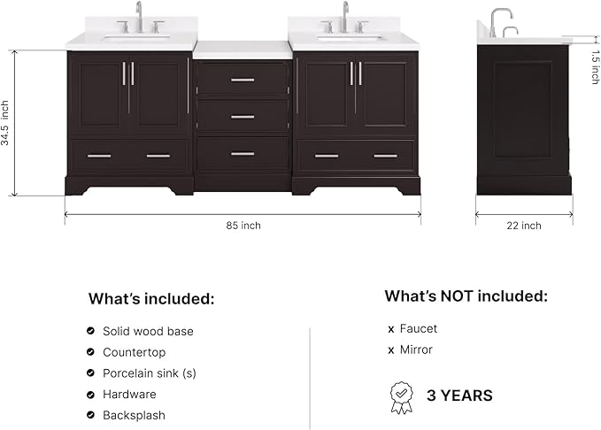 ARIEL Stafford 84-inch Bathroom Vanity with Sink,Solid Wood, 1.5in Carrara White Quartz Countertop, Double Rectangular Porcelain Sink, 4 Soft Closing Doors, 5 Dovetail Drawers, Espresso