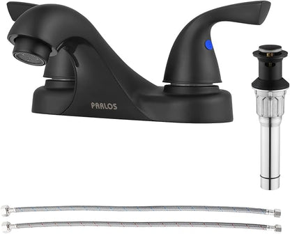 Matte Black Bathroom Faucet 4 Inch Centerset for Lavatory Sink | Mid Arc, 2 Handle Lead-Free RV Bathroom Faucet with Metal Pop Up Drain Supply Lines, for 2 or 3 Hole Lavatory Utility Sink