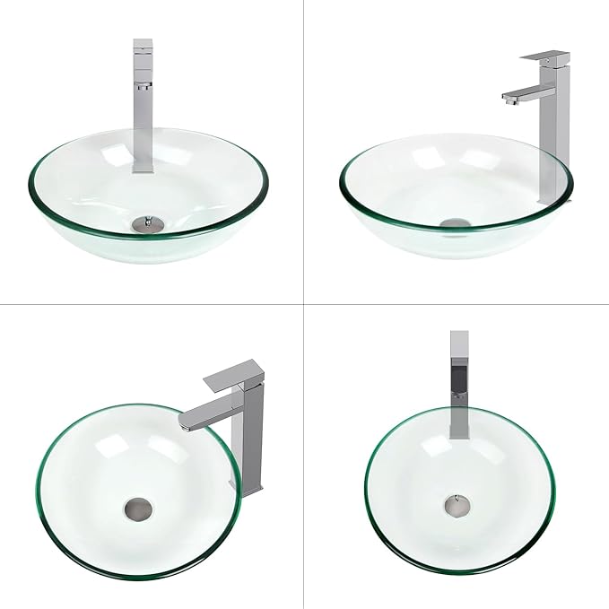 Bathroom Vessel Sink, Tempered Glass Vanity Round Bowl with Chrome Faucet and Pop up drain Set, Clear
