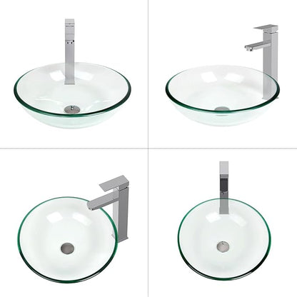 Bathroom Vessel Sink, Tempered Glass Vanity Round Bowl with Chrome Faucet and Pop up drain Set, Clear