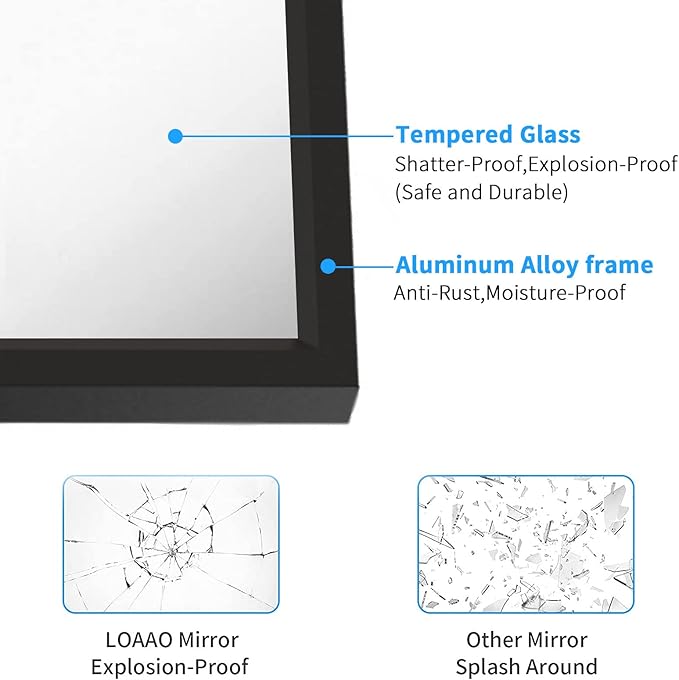 LOAAO 50"X30" Black Rectangle Bathroom Mirror Wall, Matte Black Aluminum Alloy Frame, Tempered Glass, Hangs Vertically or Horizontally, Easy to Install