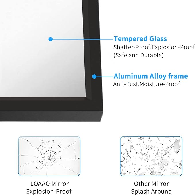 LOAAO 48"X30" Black Rectangle Bathroom Mirror | Matte Black Aluminum Alloy Frame, Tempered Glass, Hangs Vertically or Horizontally, Easy to Install