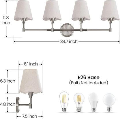 Brushed Nickel Bathroom Vanity Light: 4 Light Vanity Lighting Fixtures with Flared Fabric Shade, Modern Bathroom Lighting Fixtures over Mirror, Wall Sconce Lights for Bedroom Hallway Living Room
