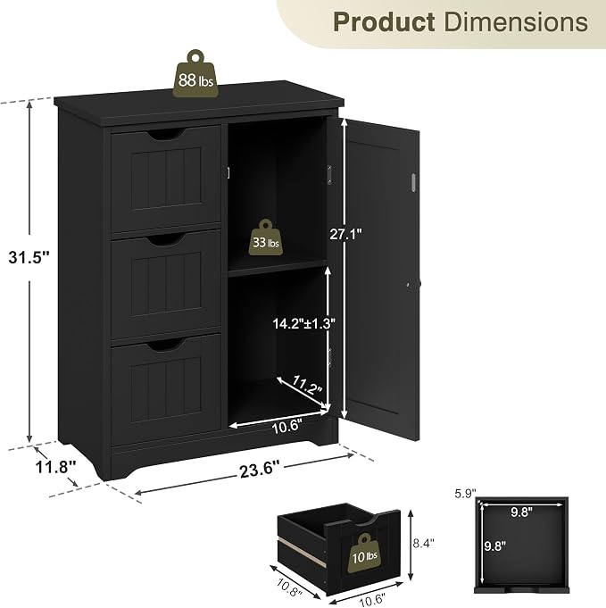 SUPER DEAL Bathroom Storage Cabinet with 3 Drawers and 1 Door, Entryway Home Decor Furniture Towels Storage Organizer Unit, Black