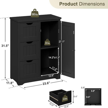 SUPER DEAL Bathroom Storage Cabinet with 3 Drawers and 1 Door, Entryway Home Decor Furniture Towels Storage Organizer Unit, Black