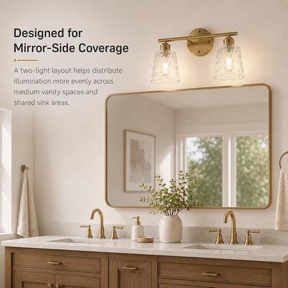 Brushed Gold Bathroom Vanity Light Over Mirror, 2-Light Stainless Steel Wall Mount Fixture with Textured Glass Shades, Modern Vanity Lighting, E26 Sockets (Bulbs Not Included)